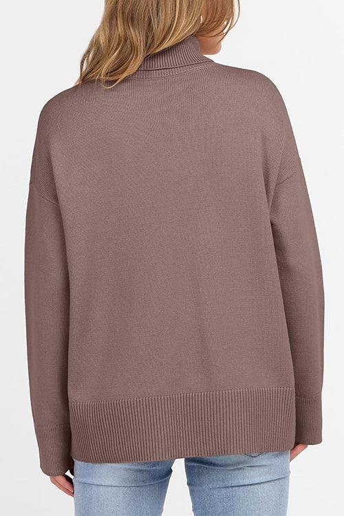 Rosiedress High Neck Drop Shoulder Ribbed Hem Comfy Sweater