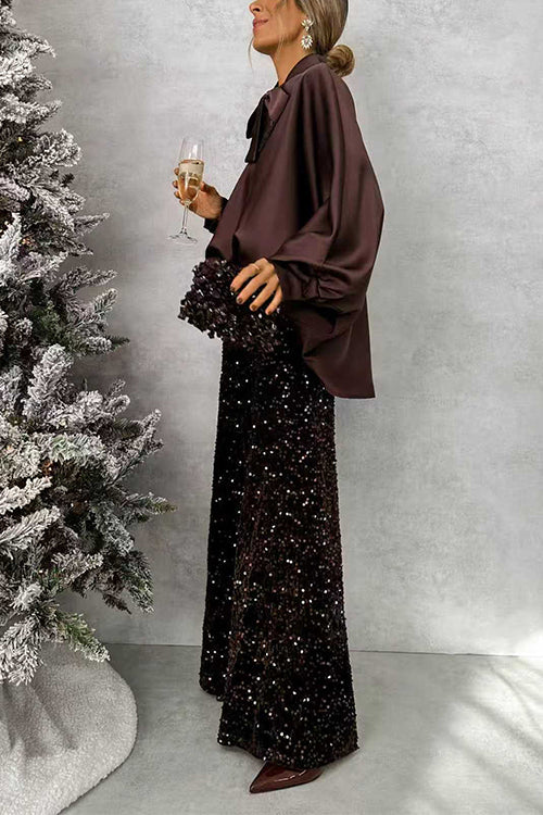 Chic Bow Neck Batwing Sleeves Satin Top