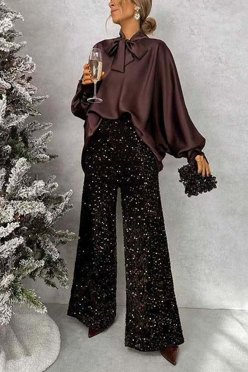 High Rise Glitter Sequin Wide Leg Pants