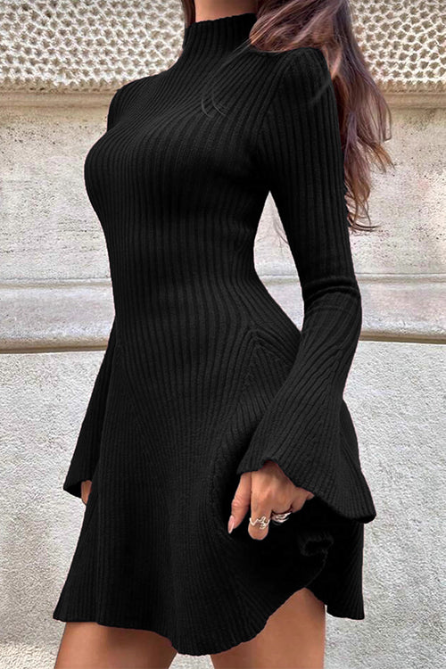 Rosiedress High Neck Long Sleeves Ribbed Knit Mini Sweater Dress