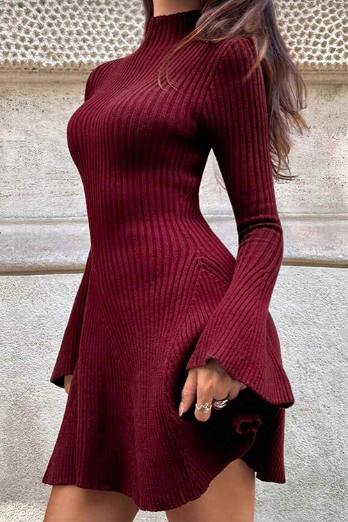 Rosiedress High Neck Long Sleeves Ribbed Knit Mini Sweater Dress