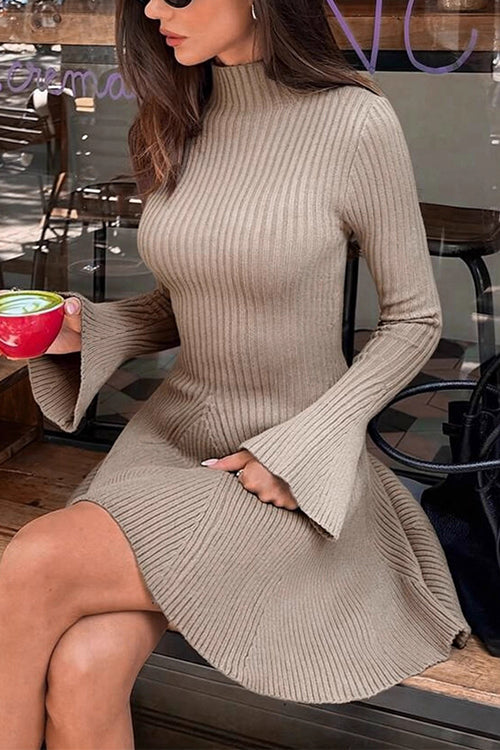 Rosiedress High Neck Long Sleeves Ribbed Knit Mini Sweater Dress
