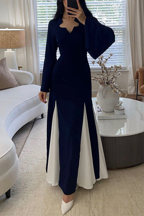 Bell Long Sleeves Color Block Swing Maxi Dress