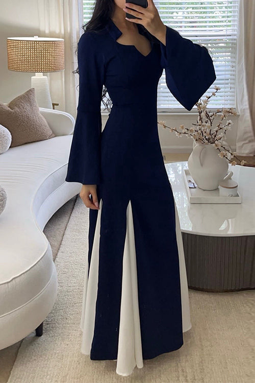 Bell Long Sleeves Color Block Swing Maxi Dress