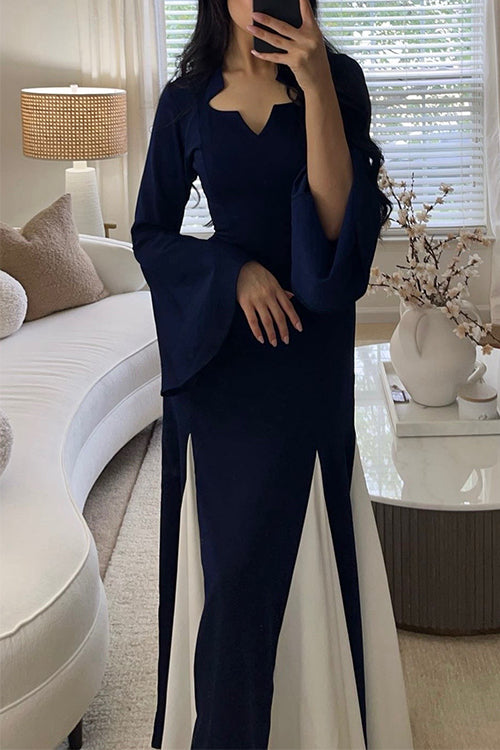 Bell Long Sleeves Color Block Swing Maxi Dress