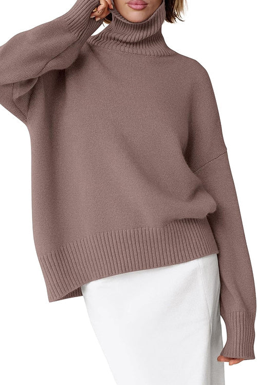 Rosiedress High Neck Drop Shoulder Ribbed Hem Comfy Sweater