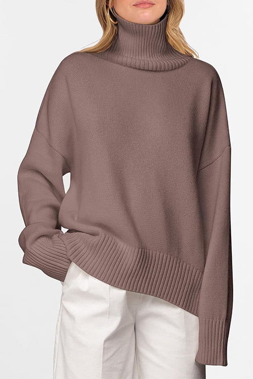 Rosiedress High Neck Drop Shoulder Ribbed Hem Comfy Sweater