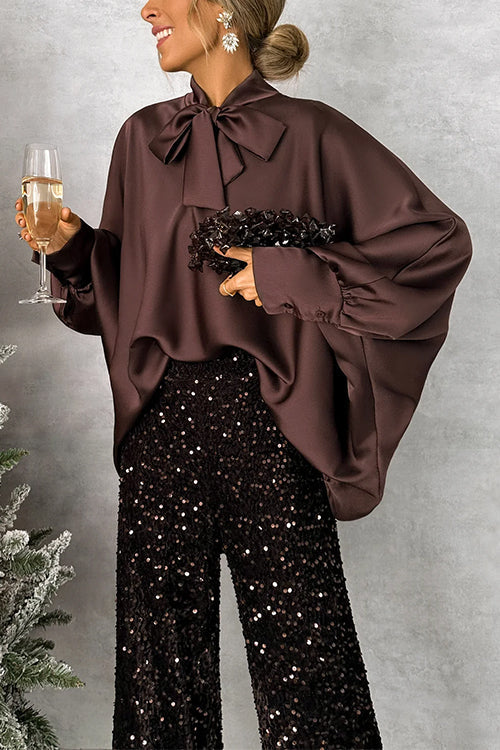 Chic Bow Neck Batwing Sleeves Satin Top