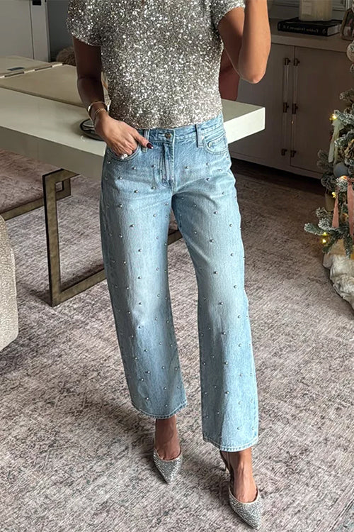 Rosiedress Rhinestone Embellished Pocketed Straight Leg Pants