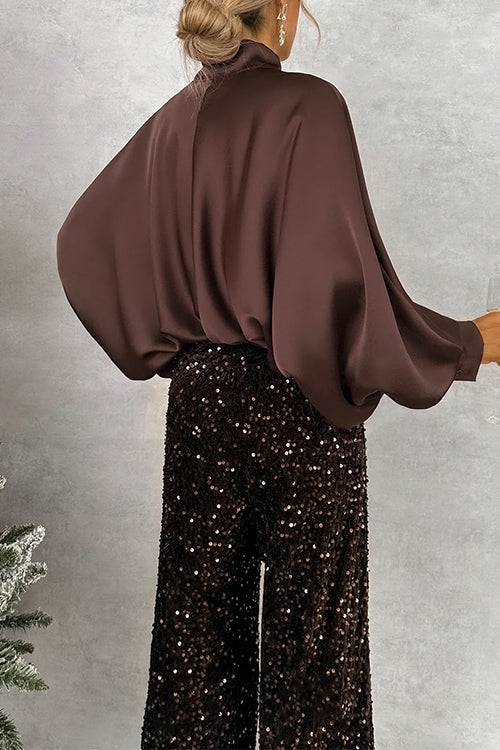 Chic Bow Neck Batwing Sleeves Satin Top