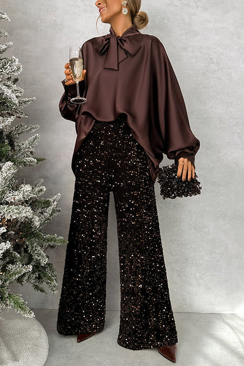 High Rise Glitter Sequin Wide Leg Pants
